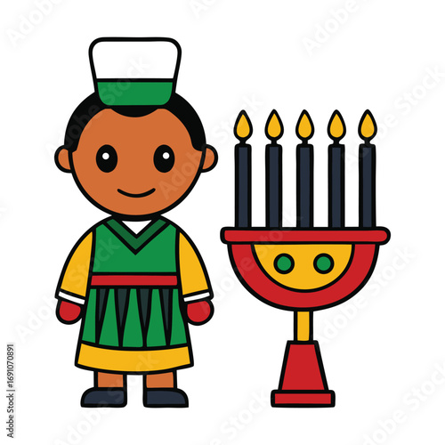 A festive Kwanzaa-themed drawing featuring symbols like the kinara, candles, fruits, and unity cup, celebrating African heritage, family, and culture with vibrant spirit.
