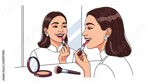 Young woman applying lipstick in a mirror with makeup brush and compact powder on a white background preparing for a special occasion or daily routine