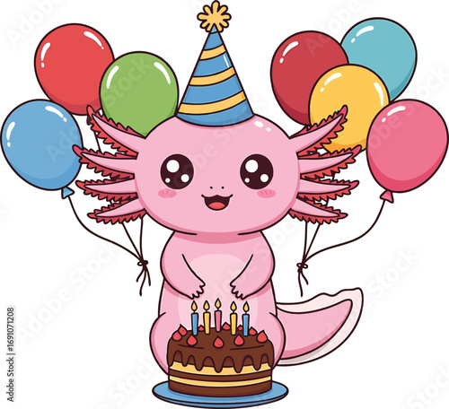 Adorable cartoon axolotl celebrating birthday with balloons and a cake illustration