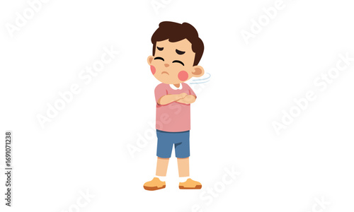 A young boy with a sad and upset expression, standing with his arms crossed, looking frustrated and discontent.