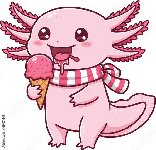 Adorable cartoon axolotl enjoying ice cream dressed with a pink and white scarf