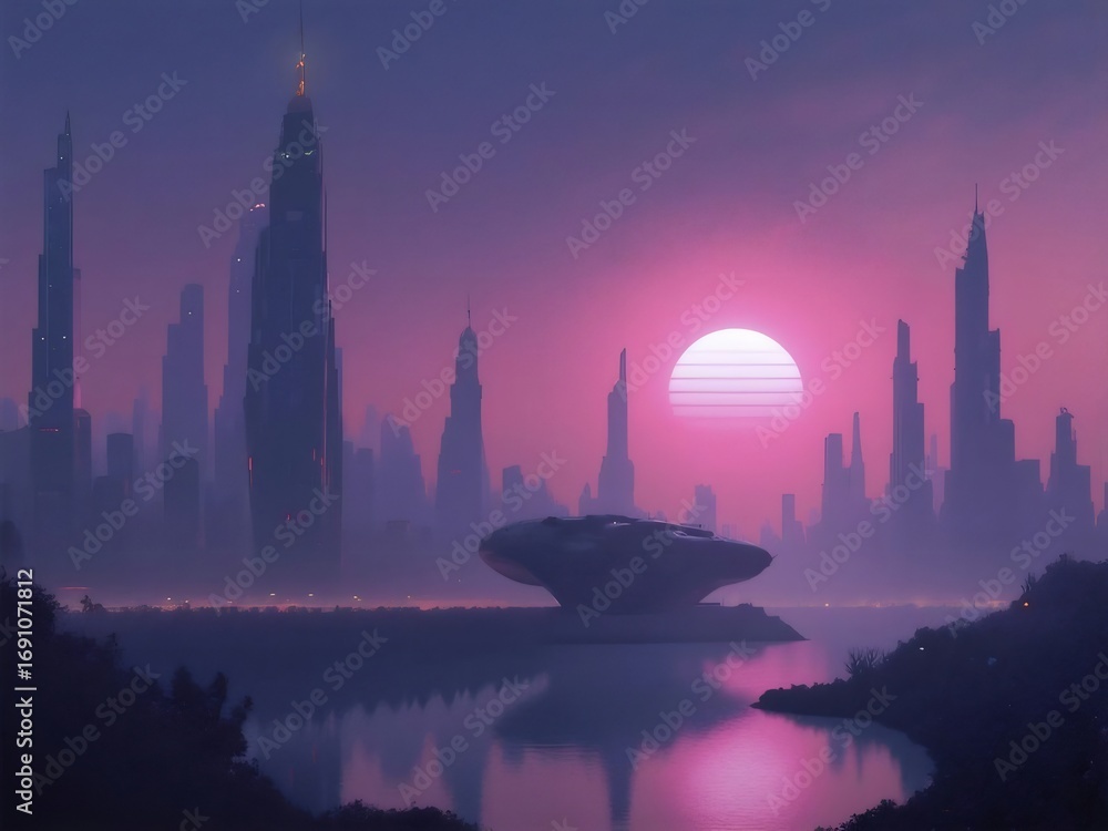 Fototapeta premium ピンクの夕焼けの未来都市風景の絵画 湖畔に映る高層ビル群と輝く太陽