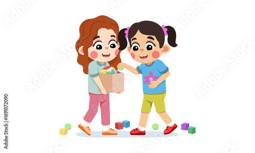 Two young girls sharing toys from a paper bag, a heartwarming scene of childhood friendship and generosity.