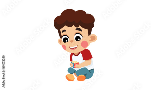 A cute cartoon boy with brown curly hair sitting on the floor and playing with a colorful toy block.