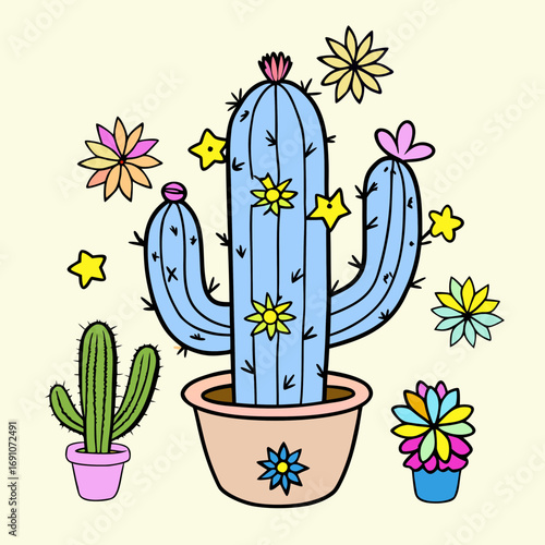 Vibrant and whimsical cactus illustration with colorful flowers and stars, perfect for adding a playful, desert-inspired touch to any creative project, bringing joy and a touch of nature's charm.