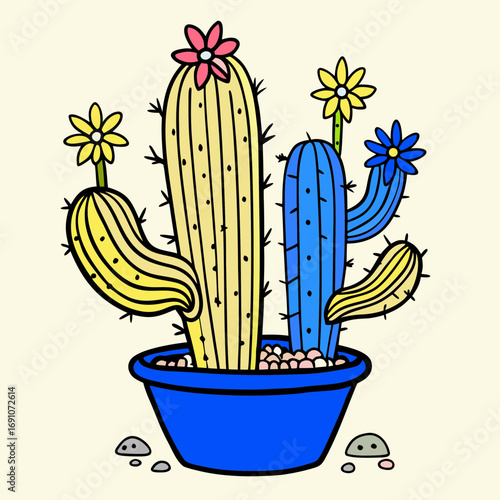 Vibrant potted cacti bloom with cheerful yellow and blue flowers, bringing a touch of desert charm and playful desert vibes to any creative project.