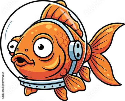 Goldfish wearing an astronaut helmet floating in space vector illustration isolated on white background