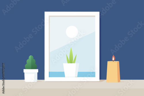 a brightly lit scene with a simple white frame  em