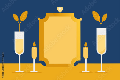 a celebratory setup with an empty gold leaf frame 