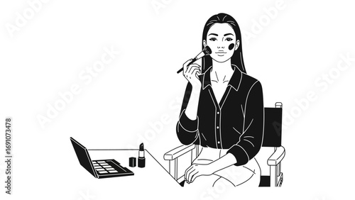 Bride receiving makeup application from professional artist while assistant holds makeup tray and towel on white background