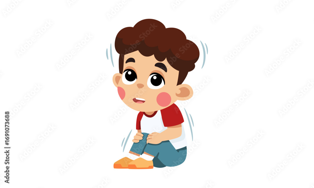 Illustration of a young boy shivering, possibly due to cold or fear, with a concerned expression. Illustration of a young boy shivering, possibly due to cold or fear, with a concerned expression.