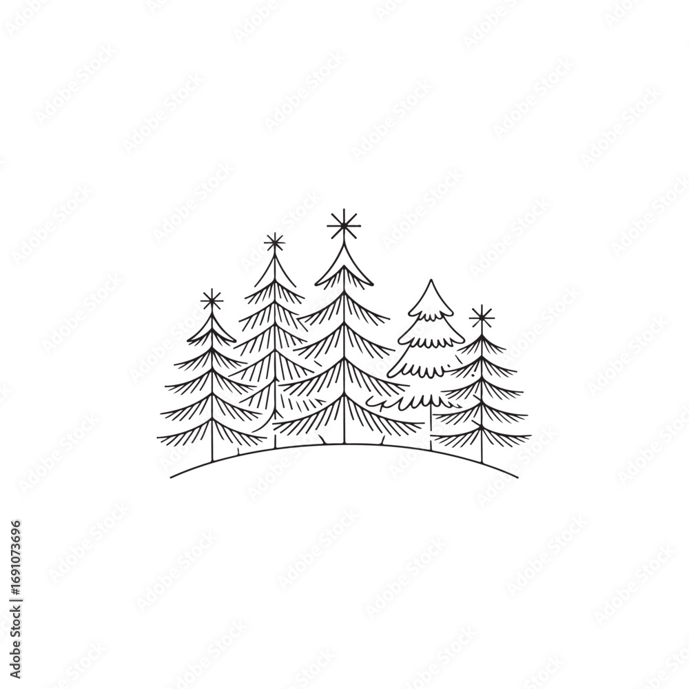 Obraz premium Hand-drawn Christmas Trees Silhouettes.A charming black and white line drawing of several stylized Christmas trees arranged on a hilltop.