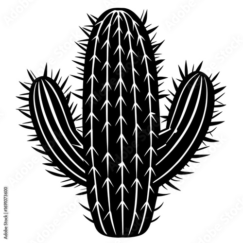 Bold black silhouette of a prickly saguaro cactus with distinct ribs and sharp spines, offering a striking graphic element for desert themes and natural designs.