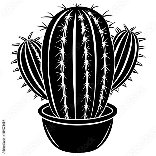 Stylized black and white cactus with sharp spines in a modern pot evokes desert charm and natural resilience, perfect for graphic design and botanical themes.