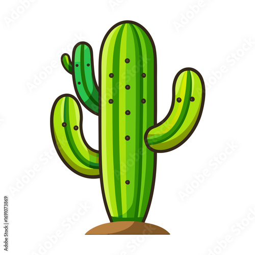 Vibrant green cartoon cactus with multiple arms and dark prickly dots, standing tall on sandy soil, perfect for desert themes or playful designs