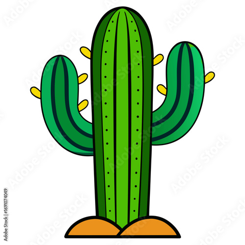 Vibrant green cactus with yellow accents stands tall on sandy terrain, embodying desert charm and resilience, perfect for whimsical designs and natural themes.