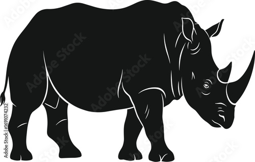 Black and white rhinoceros silhouette vector illustration in side profile view, detailed wildlife animal design for educational, decorative, safari, and conservation purposes