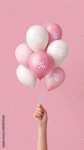 Pink and white balloons with percentage symbols on a soft pink background. Concept of promotions, sales and discounts. Banner for advertising.