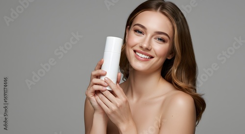 Beautiful Woman Holding Cosmetic Product, Smiling, Skincare Concept