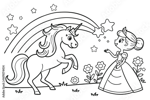 A whimsical coloring page featuring a friendly unicorn and a princess under a rainbow.