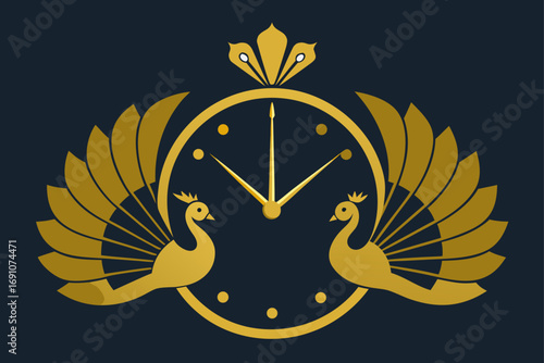 an opulent wall clock displaying two golden peacoc