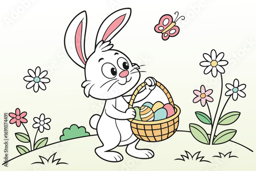 A cheerful, cartoon Easter bunny character is depicted against a pastel-colored springtime backdrop.