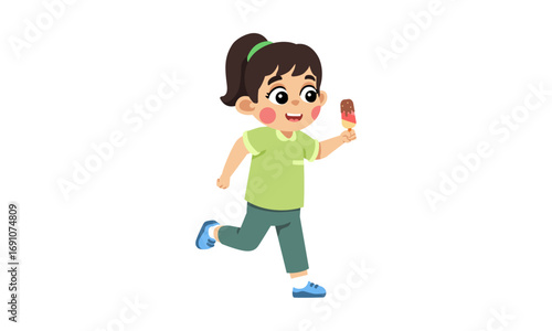 A happy cartoon girl with a ponytail running while holding an ice cream bar.