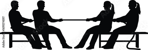 Black and white silhouette vector illustration of four people in tug‑of‑war game, teamwork competition concept with rope and bench seating