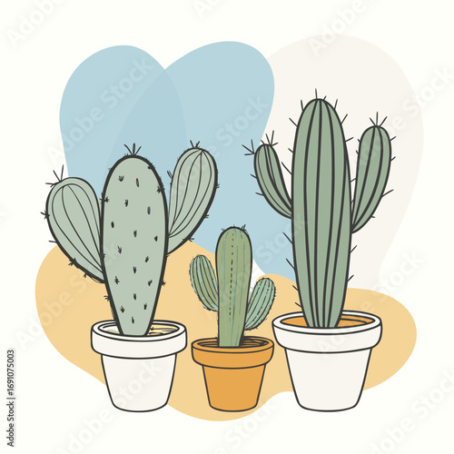 Charming trio of potted cacti brings natural desert vibes to any modern home or creative project with their quirky, hand-drawn style and soothing earthy tones.
