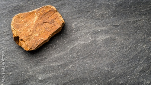 A large, irregularly shaped piece of orange rock rests on a dark gray surface.