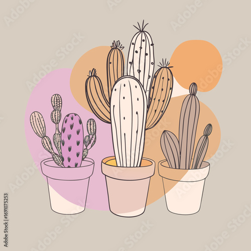 Charming potted cacti collection with soft pastel accents creating a serene botanical display perfect for modern home decor and creative projects