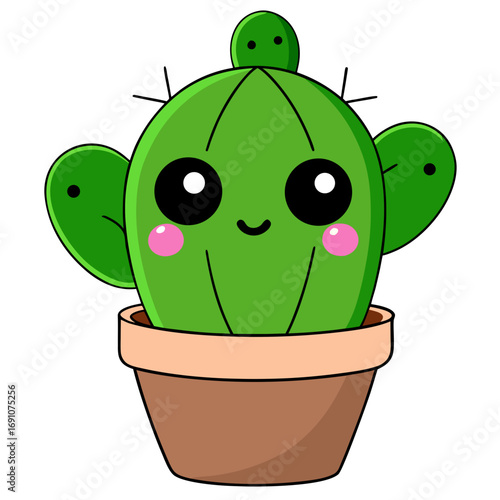 Adorable kawaii potted cactus with big eyes and rosy cheeks brings joy and charm to any design project, perfect for cheerful themes and playful branding.