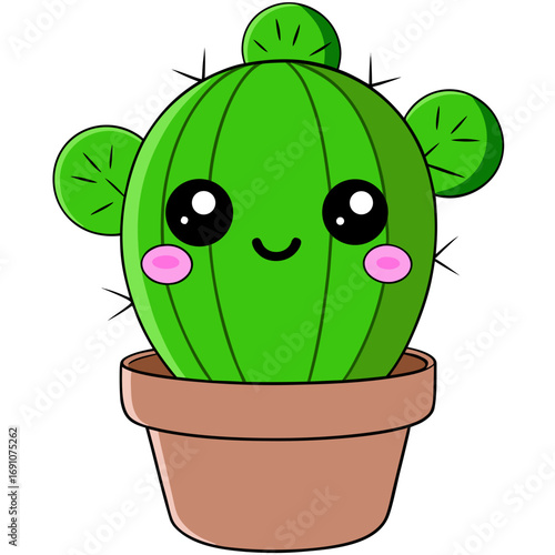 Charming cartoon cactus with big happy eyes and rosy cheeks, a delightful potted plant bringing joy and whimsy to any design project, perfect for kids themes and cheerful decor.