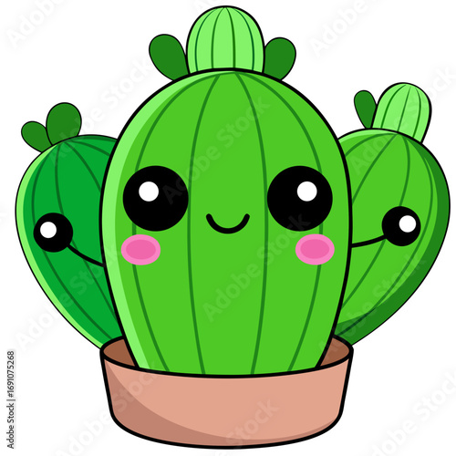 Adorable cartoon cactus family with big eyes and rosy cheeks smiling happily in a terracotta pot, perfect for children's books and playful designs