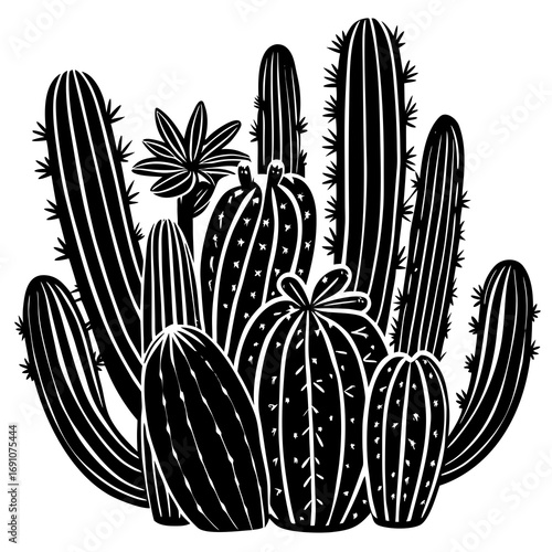 Bold black and white cactus collection with unique shapes and prickly details, perfect for desert themes and modern botanical designs