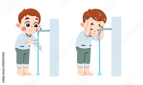 Illustration of a young Muslim boy performing the steps of wudu, washing his hands and face at a water tap before prayer.