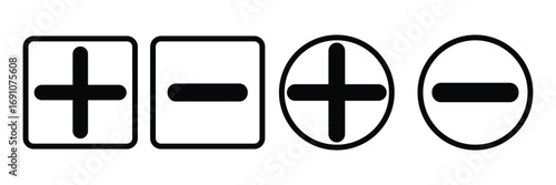  Plus and minus icons set with different thicknesses. Vector. EPS 10