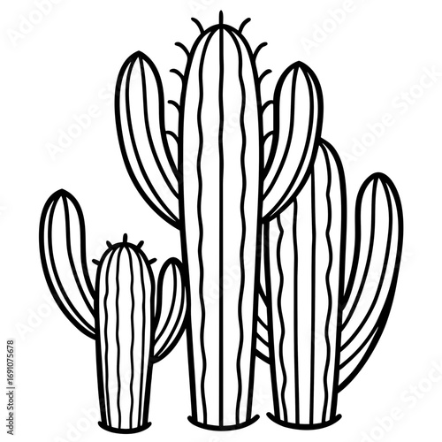 Charming minimalist black and white outline illustration of a cluster of desert cacti, perfect for adding a touch of nature to modern designs and creative projects.