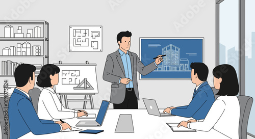 Architectural design meeting with presenter discussing building blueprint with team members
