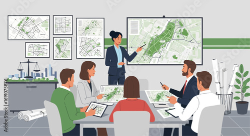 Urban Planning Meeting: Architects and Engineers Collaborating on City Development Project Review