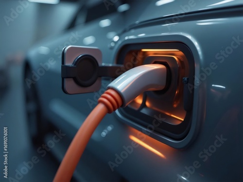 オレンジ色のケーブルで電気自動車を充電する様子 暗いガレージ 白い車体 クローズアップ