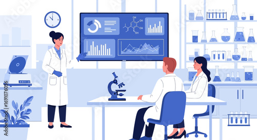 Illustration of scientists in a modern laboratory analyzing data and conducting research on a