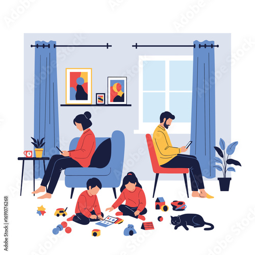Family members spending time together at home in their living room environment enjoying different activities