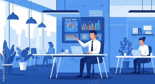 Modern office space with employees working on laptops and sales data presentation
