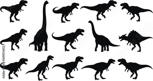 Black dinosaur silhouettes collection featuring various prehistoric species in side profile, isolated vector icons for paleontology, education, and prehistoric animal design