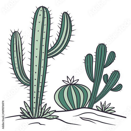 Vibrant desert flora featuring tall saguaros, rounded barrel cacti, and spiky succulents, evoking arid landscapes and resilient nature
