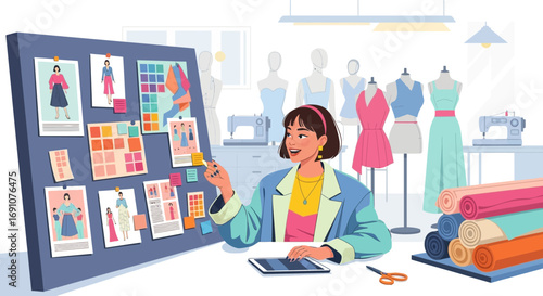 Fashion designer creating mood board at studio, inspiration and planning concept, flat cartoon