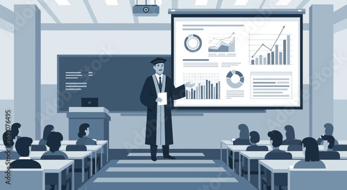 University professor teaching business analytics to students in a classroom setting with charts