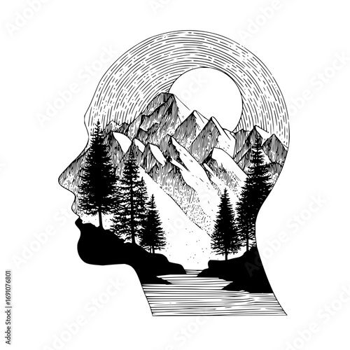 Mindfulness landscape art: head silhouette with mountain range and forest illustration drawing design