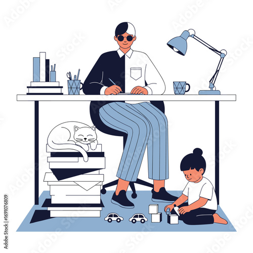 Person working from home with child playing nearby underneath desk